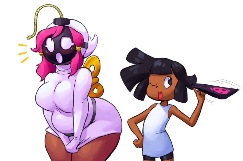 1boy 1girls 2018 big_breasts blush bob-omb bottomless bottomless_footwear bottomless_hoodie bottomless_skirt breasts bubble_butt chubby clothed clothing dark-skinned_female dark-skinned_male dark_skin dress dress_tug dubious_consent embarrassed female flat_chest front_view hoodie huge_breasts human humanoid legs male mario_(series) mask minus8_(character) nintendo no_panties no_underwear one_eye_closed outta_sync panties panties_removed pink_hair shirt shoes shy-bomb shy_gal simple_background slightly_chubby smaller_male smile standing thick_thighs tongue tongue_out underwear video_games white_background wide_hips