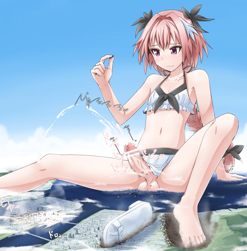 1boy androgynous astolfo_(fate) bar_censor bikini braid censored city crossdressing cum destruction ejaculation erection fate/apocrypha fate/extella_link fate/grand_order fate_(series) feet femboy frilled_bikini giant giant_femboy giant_male gigantic_penis highres macro male ocean ochiko_terada penis pink_eyes pink_hair sitting solo spread_legs terada_ochiko testicles trap