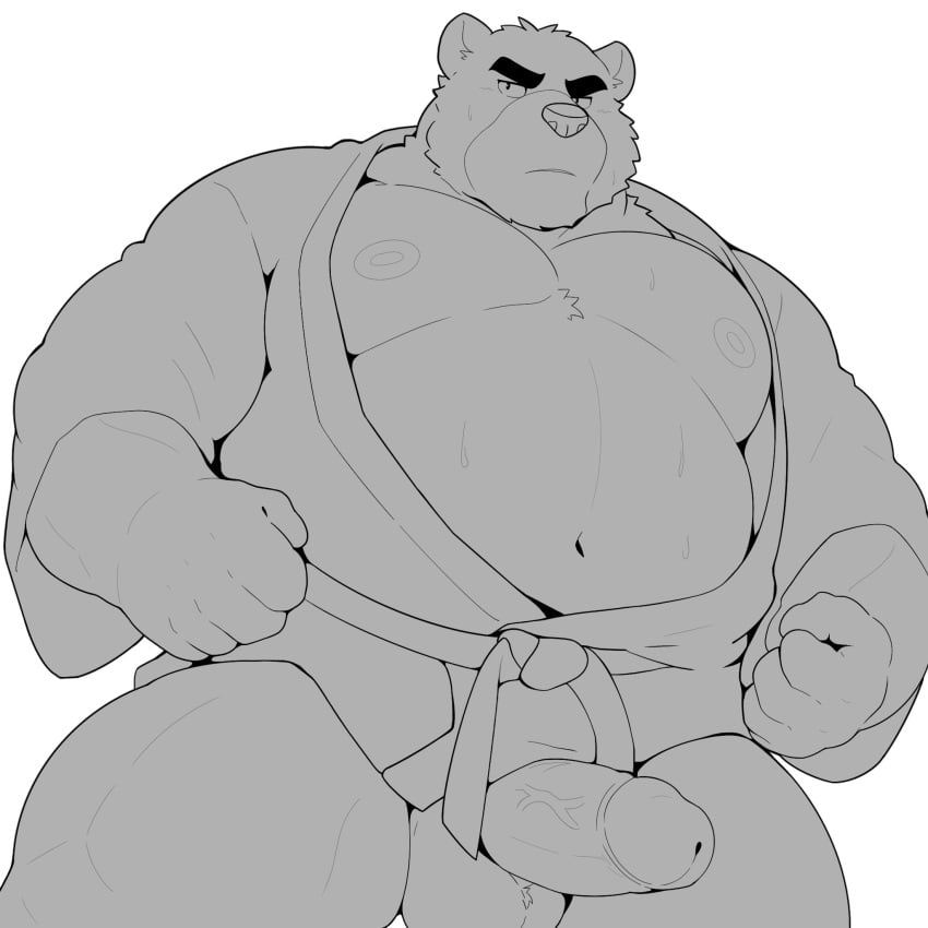 2025 5_fingers anthro balls bear belly big_belly black_bear bodily_fluids fingers genitals glans hi_res humanoid_genitalia humanoid_penis juuichi_mikazuki keikogi line_art male mammal martial_arts_uniform moon_bear morenatsu musclegut muscular muscular_anthro muscular_male navel nipples overweight pecs penis phan0619 simple_background solo sportswear sweat ursine vein veiny_penis white_background