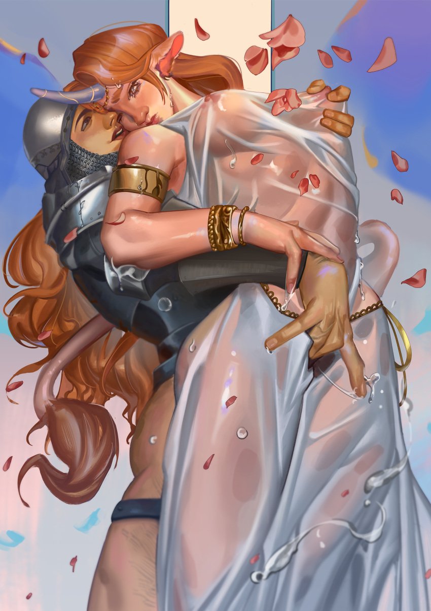 1boy 1girls accessories accessory angry angry_expression angry_face armband armlet big_hands bottomless bottomless_male breasts brown_hair brunette brunette_hair ears female fingering fingering_from_behind fingering_partner fingering_pussy fingering_through_clothes flower furry_ears gold_armband gold_armlet gold_jewelry golden_armlet gushing gushing_pussy_juice hand_on_breast hand_on_hand hourglass_figure knight knight_armor leaves leaves_in_wind lips long_hair long_hair_female male medium_breasts midriff nipple_pinch nipples nipples_visible_through_clothing pussy pussy_gushing pussy_juice pussy_juice_drip see-through see-through_clothing see-through_dress slim slim_waist tagme tail tall_female tall_girl teeth teeth_showing unicorn unicorn_horn waterdrops wet_dress
