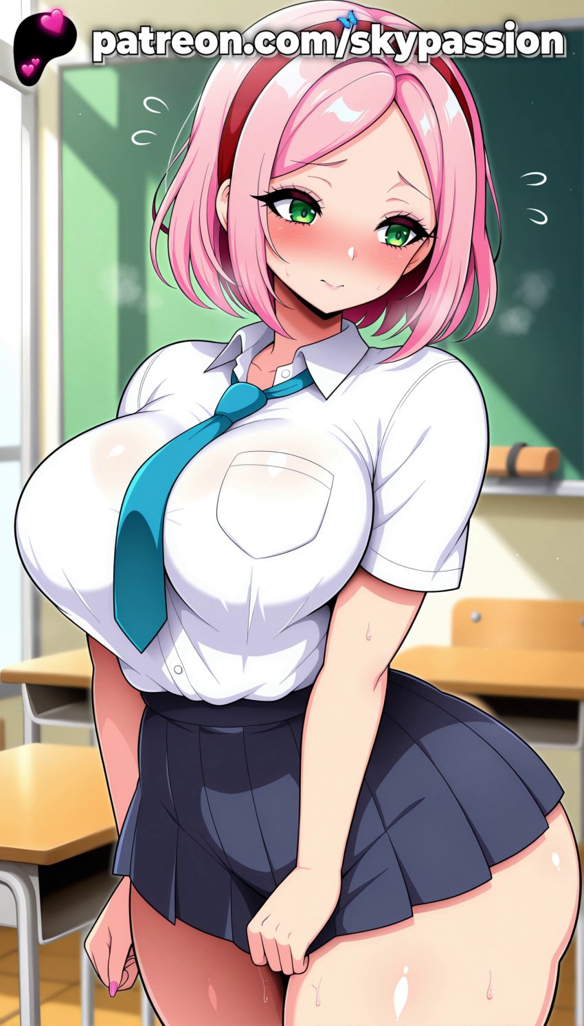 1girls 2025 ai_assisted ai_generated anime artist_name big_breasts big_chest blurry blurry_background blush boruto:_naruto_next_generations breasts bust busty chair chalkboard chest classroom clothed_female curvy desk female_focus female_only flying_sweatdrops giant_breasts green_eyes hairband heart heavy_breasts hi_res high_quality high_resolution highres huge_boobs huge_breasts indoors large_breasts massive_boobs massive_breasts miniskirt naruto naruto_(series) naruto_shippuden necktie on_desk patreon patreon_username pink_hair pink_hairband sakura_haruno school_chair school_desk school_uniform shirt short_hair sitting_on_desk skirt skypassion solo stable_diffusion sweat thick_thighs thighs watermark