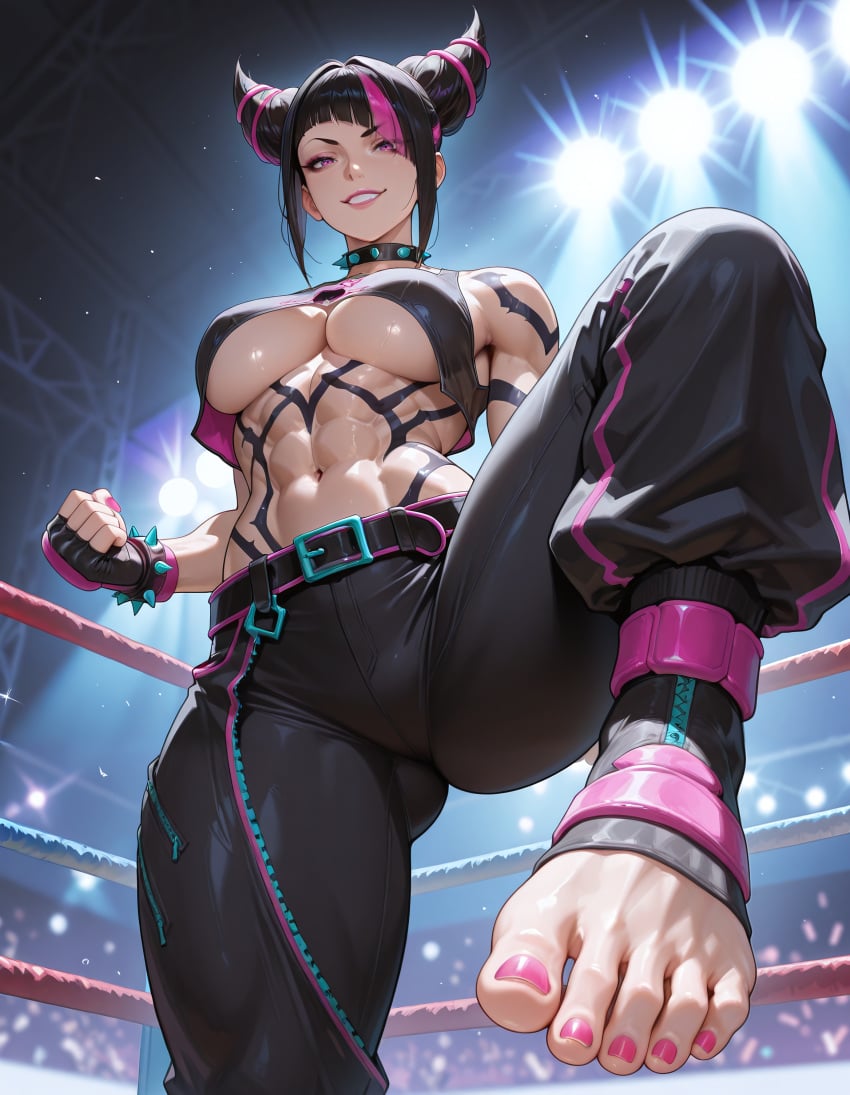 abs ai_generated asymmetrical_bangs baggy_pants bangs belt benj17 black_hair black_pants bracelet breasts capcom chapscollar clenched_fist clenched_hand clothed feet fighting_ring fighting_stance hair_horns juri_han large_breasts nail_polish pants pink_eyes pink_hair pink_nails pov_feet sidelocks smile spiked_bracelet spiked_collar spotlights streaked_hair street_fighter street_fighter_6 toenail_polish toes two_tone_hair underboob