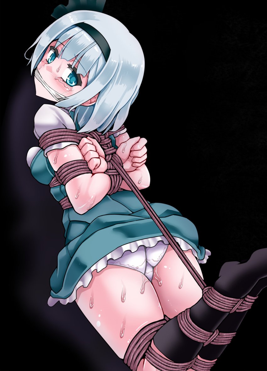 aqua_eyes arms_behind_back ass blush bondage bound bound_arms bound_legs breasts cameltoe female from_behind gag gagged headband hogtie konbaku_-kon_baku- lilish looking_back panties rope short_hair silver_hair socks solo sweat tears touhou underwear white_panties youmu_konpaku