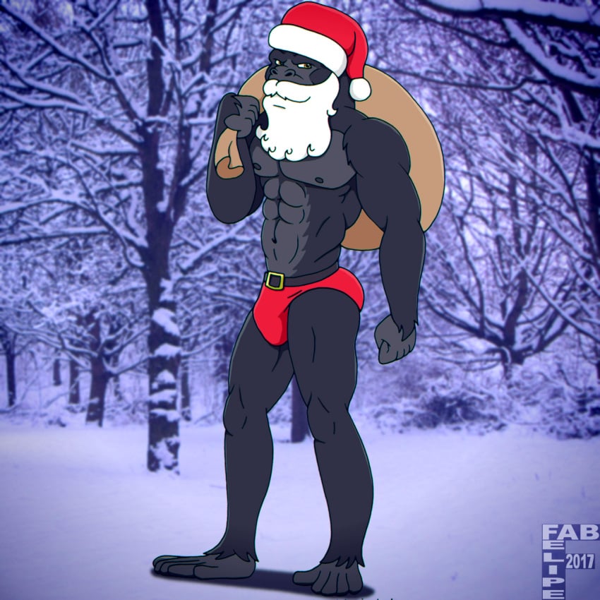 2017 abs alternate_species anthro ape beard belt biped black_body black_fur black_nightgown bottomwear brown_eyes bulge christmas christmas_clothing christmas_headwear clothing digital_media_(artwork) fabfelipe facial_hair fur gorilla haplorhine hat headgear headwear hi_res holding_sack holidays male male_only mammal muscular muscular_anthro muscular_male navel primate red_bottomwear red_clothing sack santa_claus santa_hat snow solo standing white_beard white_facial_hair