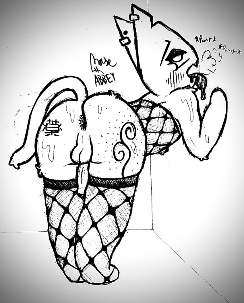 abbeyrolls absurd_res against_surface against_wall anthro anus ass balls bent_over big_butt blush bodily_fluids butt_focus clothing drooling ear_piercing felid femboy fishnet_clothing fishnet_legwear genitals graphite_(artwork) hi_res legwear male male/male mammal penis piercing saliva solo sweat tail tattoo token_(femtanyl) tongue traditional_media_(artwork)