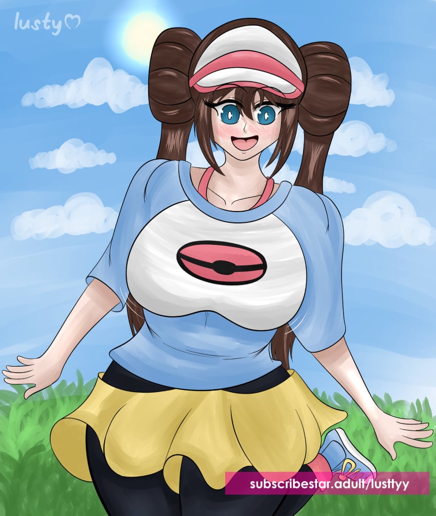 blue_eyes blue_shirt breasts brown_hair cloud grass grass_field happy hat large_breasts long_hair lusty_(artist) pink_hat poke_ball_print pokemon pokemon_bw2 rosa_(pokemon) shirt shoes skirt sky smile solo sun visor_cap white_hat white_shirt yellow_skirt