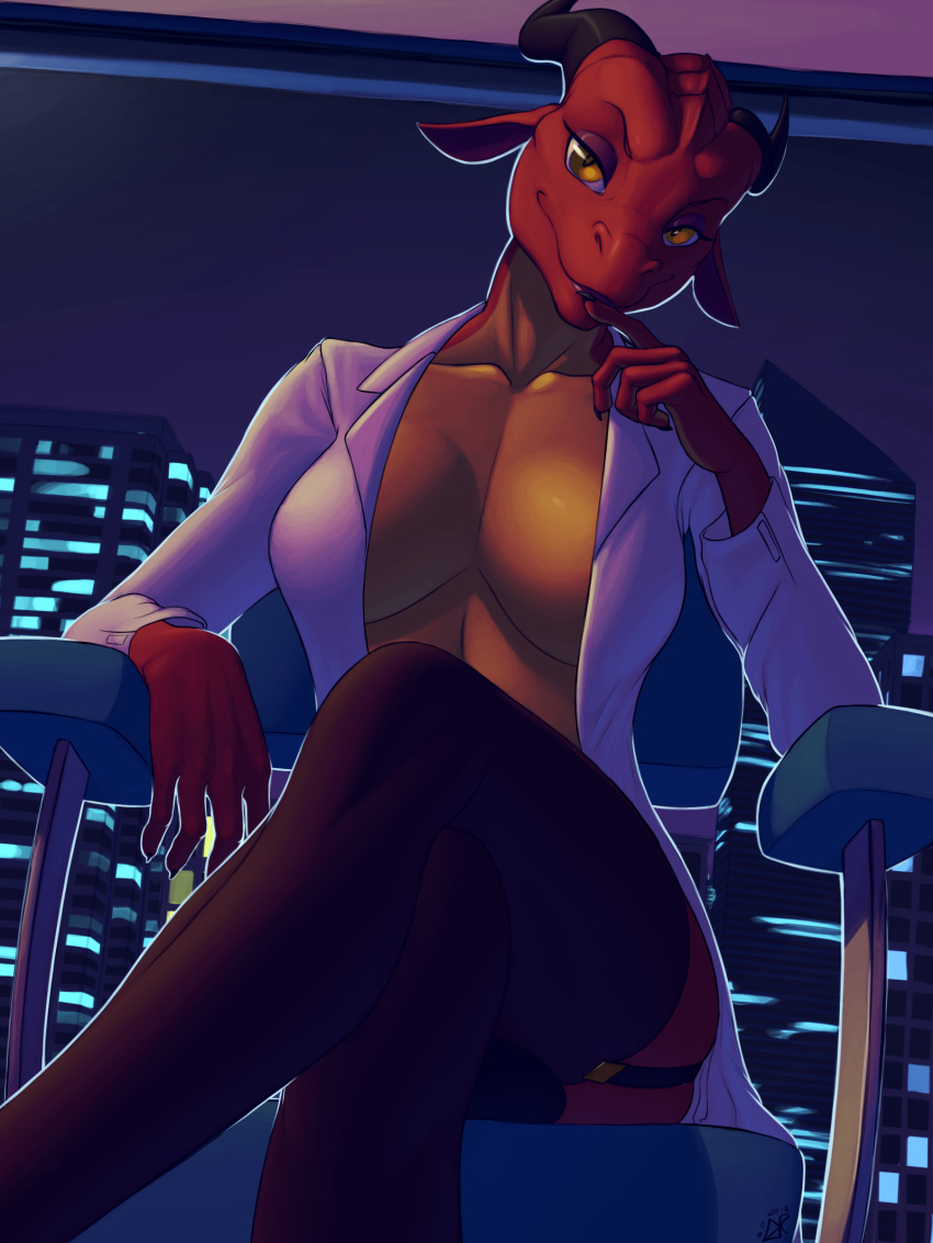 1girls 2018 anthro breasts bulge clothed clothing crossed_legs dragon full-package_futanari futanari horn intersex lab_coat ldr lingerie looking_at_viewer sitting solo surgeon_(character) the_surgeon yellow_eyes