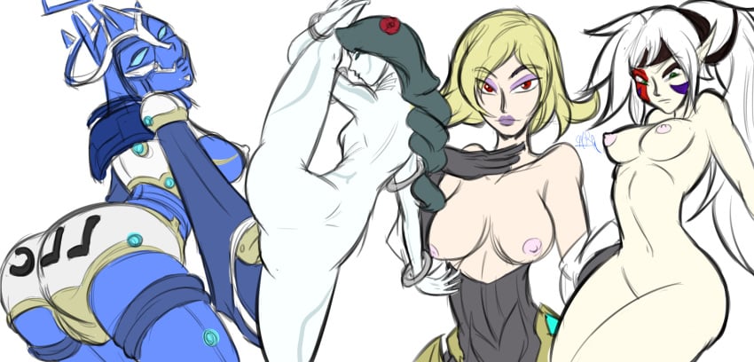 4girls alani alani_(battleborn) archer areola artificial_intelligence battleborn big_breasts blonde_hair blue_sclera bluefoxlover breasts butt cyborg elf eyeshadow fat_mons flexible green_eyes hips leg_up looking_at_viewer looking_back martial_arts medium_breasts mermaid multiple_girls nipples no_ass no_irises no_pupils nova_(battleborn) pale-skinned_female pale_skin perky_breasts phoebe_(battleborn) pinup pointy_ears pose puffy_areola pussy_bulge red_eyes robot robot_suit seductive short_hair sideboob smile teshka_elessamorn thick_thighs thighs thorn_(battleborn) white_hair