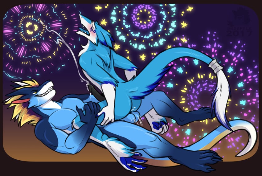 anal balls blue_fur blushed blusky cum drooling fireworks fur halley male master master/pet orgasm orgasm_face pet saliva sergal skdaffle teryx_commodore yaoi