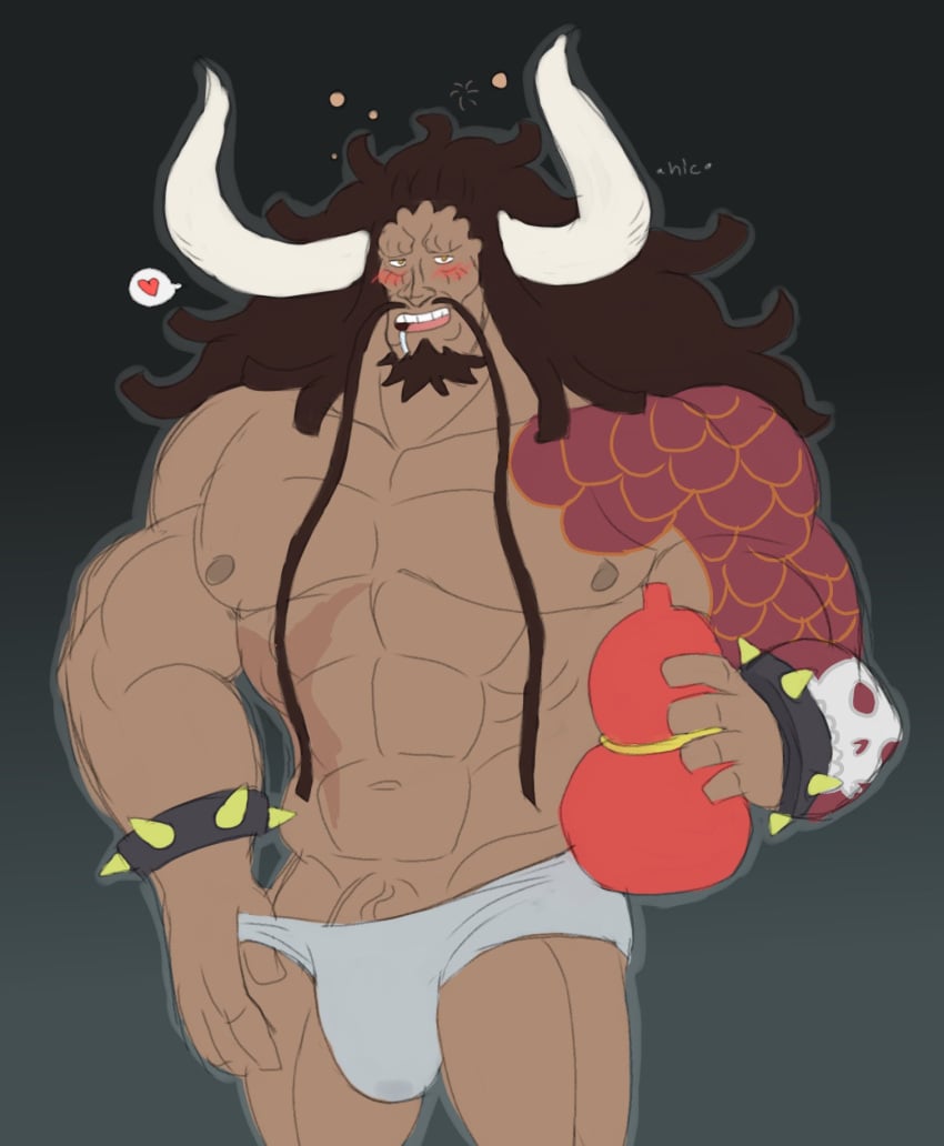 bara big_penis blush bulge drunk facial_hair flaccid horns kaido_(one_piece) male male_only muscles muscular one_piece penis solo solo_male spicy_sahzy tattoo tattooed_arm
