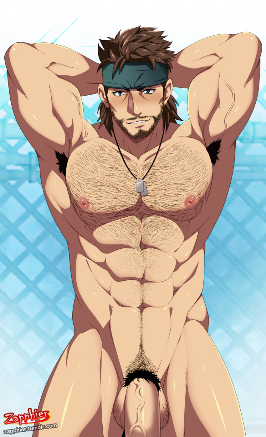 1boy abs armpit_hair arms_up balls bara beard biceps big_pecs blue_eyes blue_sky blush blushing body_hair brown_hair camouflage_pants chest_hair erection facial_hair hairy hairy_armpits hairy_balls hairy_chest hairy_male hands_behind_head headband human human_only male male_chest male_focus male_nipples male_only mature mature_male metal_gear metal_gear_solid muscle muscles muscular muscular_male necklace nipples nude nude_male pecs pectorals penis pink_nipples pose posing presenting pubic_hair six_pack solid_snake solo solo_focus solo_male standing teeth testicles uncensored veiny_muscles veiny_penis wince zapphier