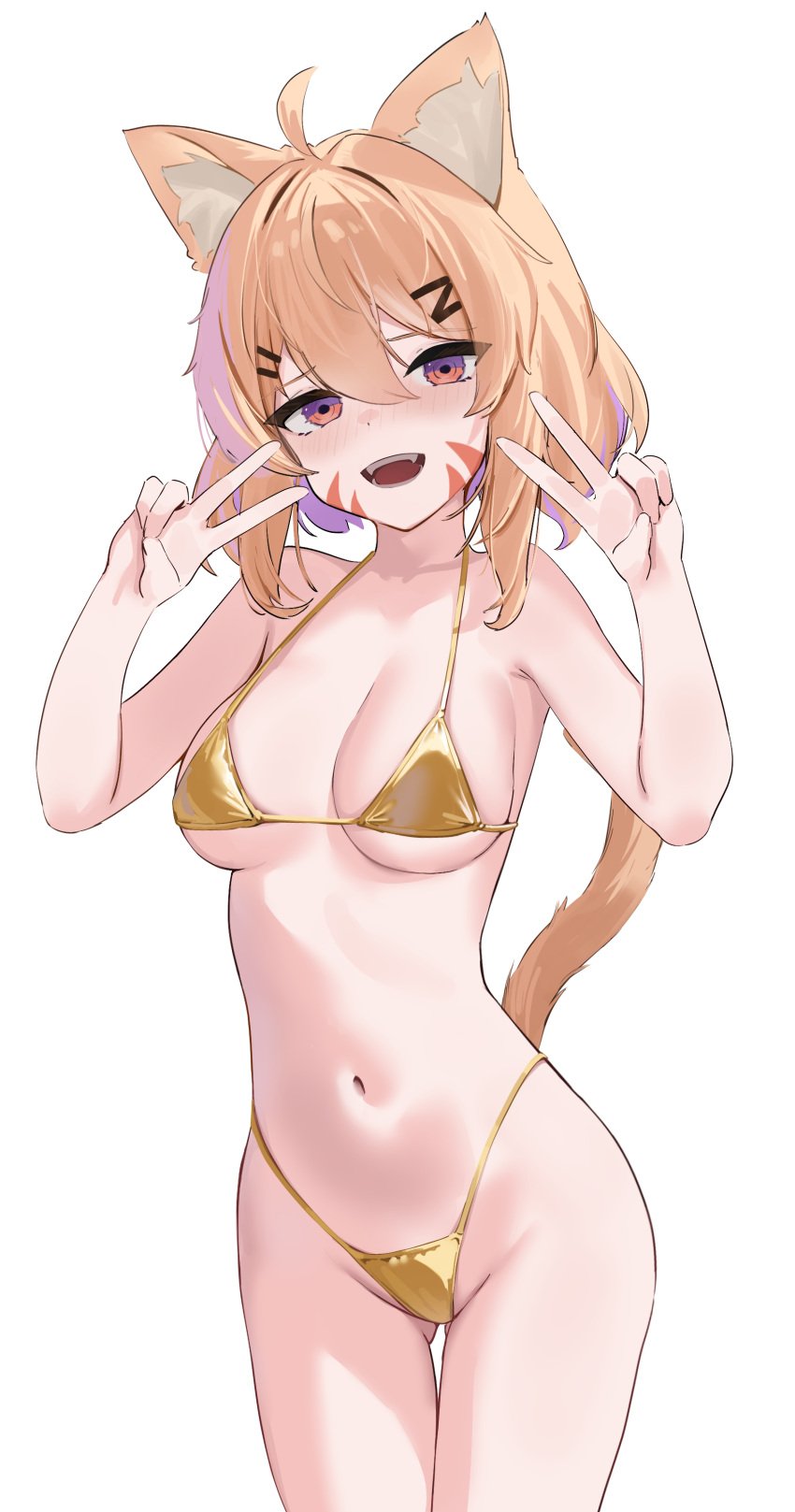 :d ahoge animal_ears ass_visible_through_thighs bangs bare_arms bikini blush breasts cat_ears cat_tail cowboy_shot double_v eyebrows_visible_through_hair eyepatch_bikini female hair_between_eyes hair_ornament hairclip hands_up heart-shaped_pupils looking_at_viewer medium_breasts navel oerba_yun_fang open_mouth red_eyes simple_background smile solo squchan_(vtuber) stomach string_bikini striped swimsuit symbol-shaped_pupils tail thigh_gap v vyugen w white_background yellow_bikini