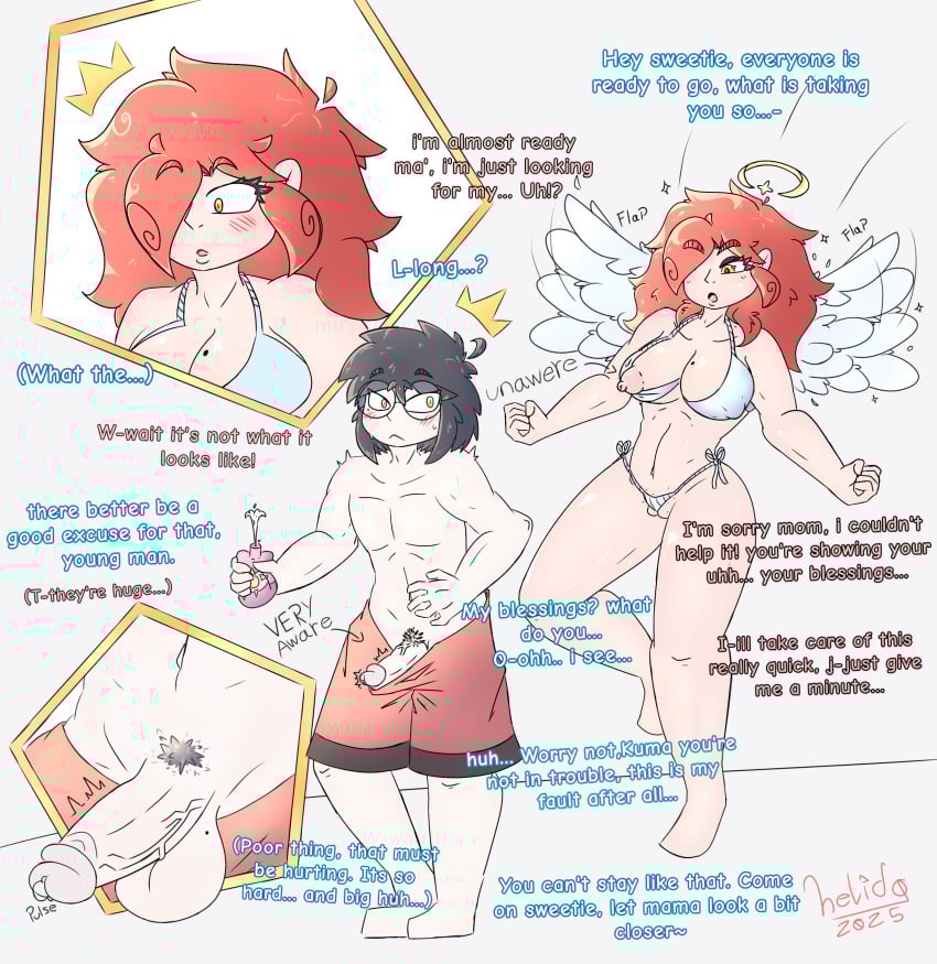 1boy 1girls accidental_erection accidental_exposure age_difference angel angel_wings beauty_mark big_areola big_balls big_breasts big_penis big_thighs bigger_female bikini bikini_bottom bikini_top black_hair blush caught cleavage dialogue english_text erect_nipples erection floating glasses hair_over_one_eye hairy halo height_difference helido24 incest incest_(lore) inminent_sex kuma(helido24) livie(helido24) mole mother mother_and_child mother_and_son original precum presenting_penis red_hair shaved_pussy small_but_hung smaller_male surprised unaware unwanted_erection wardrobe_malfunction