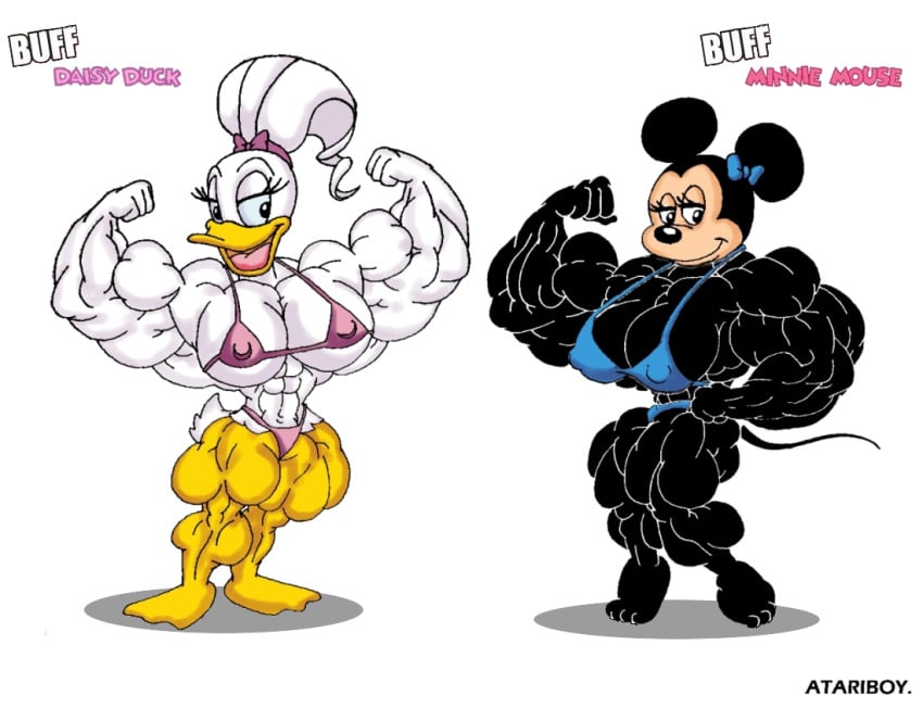 2girls abs atariboy biceps bird breasts daisy_duck disney duck female minnie_mouse mouse muscles muscular muscular_arms muscular_female muscular_legs muscular_thighs pecs rodent