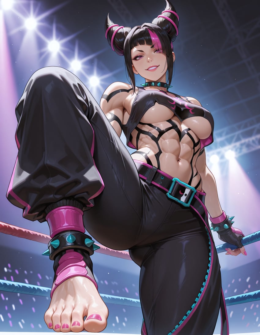 abs ai_generated asymmetrical_bangs baggy_pants bangs belt benj17 black_hair breasts capcom chaps clothed collar crop_top feet fighting_ring hair_horns hair_intakes juri_han large_breasts lipstick looking_at_viewer looking_down low-angle_view makeup muscular muscular_female nail_polish navel pants pink_eyes pink_hair pink_lipstick pink_nails pov_feet sidelocks smile spiked_anklet spiked_collar spotlights streaked_hair street_fighter street_fighter_6 tank_top toenail_polish toes two_tone_hair underboob