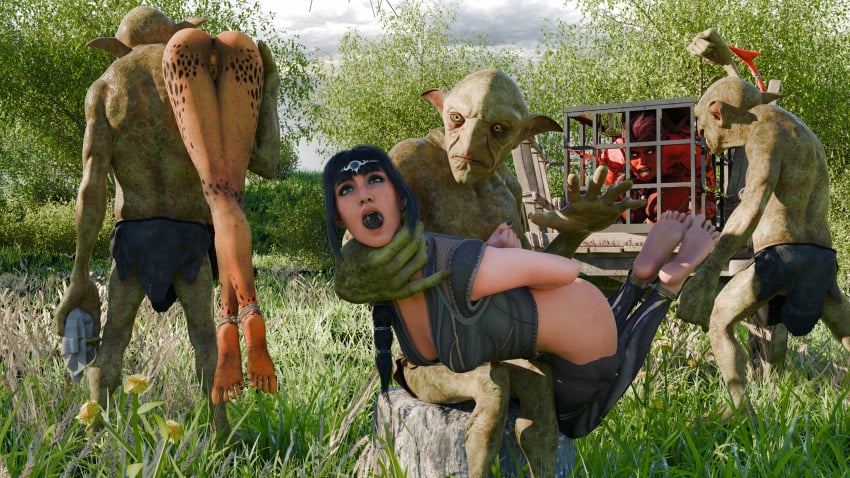 3boys 3girls baldur's_gate baldur's_gate_3 barefoot black_hair bondage bondage captured elf gag gagged goblin green_eyes karlach lae'zel monster pejack32167 pointy_ears shadowheart shadowheart_(baldur's_gate) slave spanking