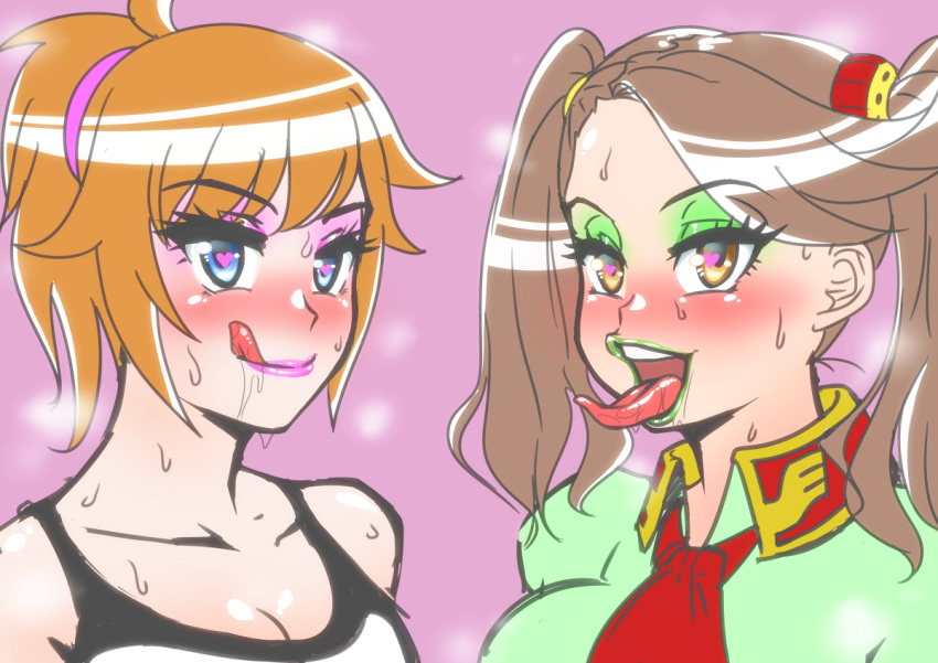 2girls alternate_version_available bare_shoulders big_breasts bimbo blue_hair blush brown_eyes brown_hair drooling eyelashes eyeshadow female female_only green_lipstick group gundam gundam_build_fighters gundam_build_fighters_try headband heart heart-shaped_pupils hoshino_fumina human licking_lips lipstick looking_at_viewer makeup multiple_females multiple_girls open_mouth pink_lipstick red_hair saliva sazaki_kaoruko shiny shiny_skin short_hair simple_background sweat tied_hair tongue_out twintails zxcv