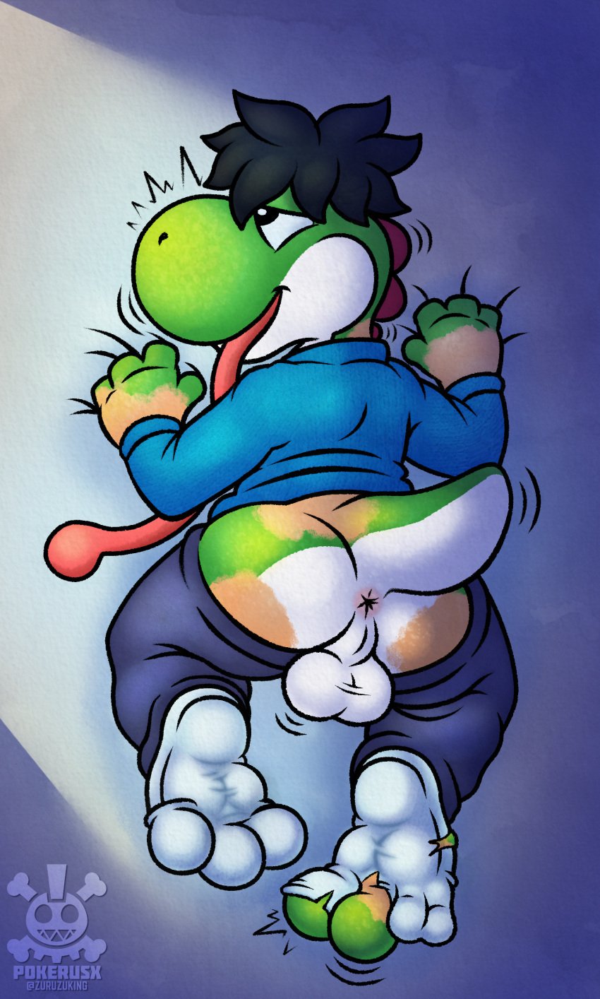 3_toes 4_fingers 4_toes absurd_res anthro anus ass balls bed black_hair blue_clothing blue_sweater blue_topwear bottomwear bottomwear_down clothed clothing dinosaur feet fingers foot_focus footwear furniture genitals grabbing_sheets green_yoshi hair hi_res human long_tongue looking_pleasured looking_up lying male male_only mammal mario_bros mid_transformation motion_lines nintendo on_bed on_front open_mouth pants pants_down partially_clothed perineum pokerus10 prehistoric_species reptile scales scalie smile socks soles solo spikes spikes_(anatomy) sweater tail tan_body tan_skin toes tongue tongue_out topwear torn_clothing torn_footwear torn_socks transformation yoshi