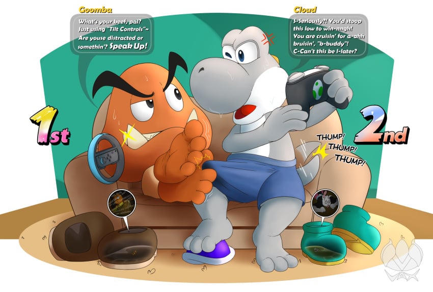2boys anthro barefoot bodily_fluids charmander clothing dialogue erection erection_under_clothing extreme_size_difference feet foot_fetish foot_focus foot_play gaming generation_1_pokemon genital_fluids goomba group hi_res inside_clothing inside_shoe insole lagomorph leporid male male/male mammal mario_(series) micro nintendo playing_video_game pokemon pokemon_(species) precum precum_through_clothing rabbit size_difference speech_bubble sweat trapped_in_clothing trapped_in_shoe vaxen12 wet wet_clothing yoshi