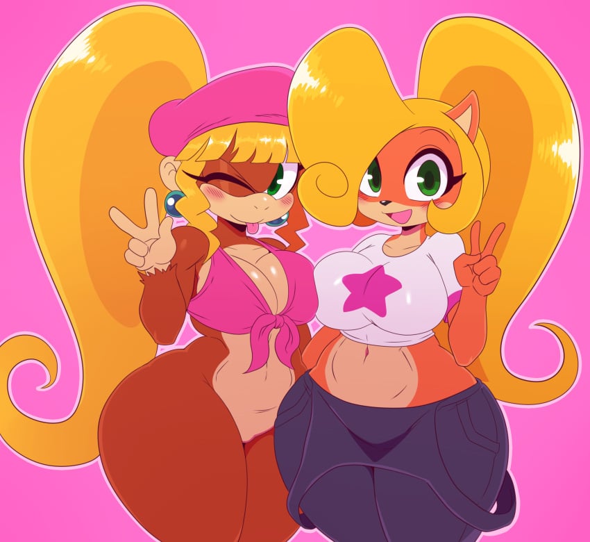 2girls anthro ape bandicoot big_breasts bimbo bottomless chimpanzee coco_bandicoot crash_(series) crossover dixie_kong donkey_kong_(series) duo female female_only furry mammal marsupial nintendo no_pants primate sssonic2 thick_thighs wide_hips