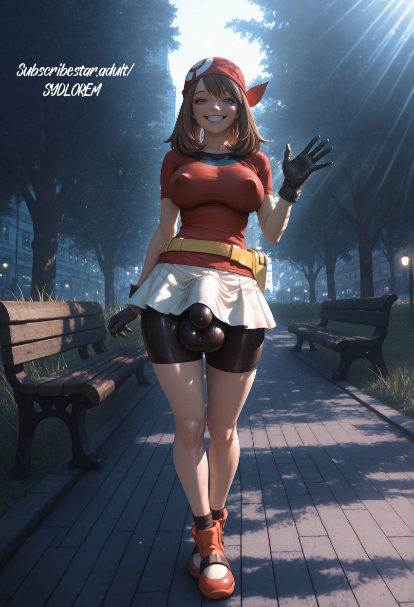 1futa ai_generated bulge bulge_under_clothes clothed clothing flaccid futanari greeting intersex looking_at_viewer may_(pokemon) park pokemon solo solo_futa standing sydlorem