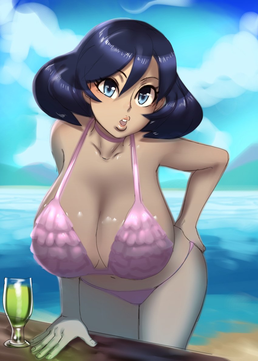 1girls alternate_color ass bare_shoulders belly bent_over big_ass big_breasts bikini black_hair blue_background blue_eye blue_eyes breasts cleavage clouds dark-skinned_female dark_skin day drink eyelashes female female_only glass hand_on_hips huge_breasts human large_breasts leaning_forward looking_at_viewer midriff nintendo open_mouth outdoors placeholdname pokemon pokemon_sm pokemon_xy purple_hair shiny shiny_hair sideboob sina_(pokemon) sky solo standing swimsuit teeth wide_hips