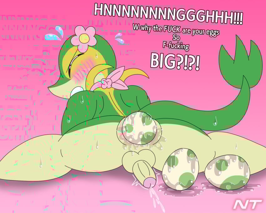 anthro anus basil_ajagar big_egg blush blush_lines bodily_fluids clenched_teeth closed_eyes cum dialogue egg ejaculation erection fan_character generation_5_pokemon genital_fluids genitals green_body head_flower hi_res humanoid_genitalia humanoid_penis leaking_cum lying male male_only multicolored_body ninjatreecko nintendo nude nude_anthro nude_male on_front orgasm oviposition penis pink_scarf pokemon pokemon_(species) pokemorph reptile scalie scarf snake snivy solo spread_legs spreading stretched_anus sweat sweatdrop tail tan_body teeth throbbing throbbing_penis