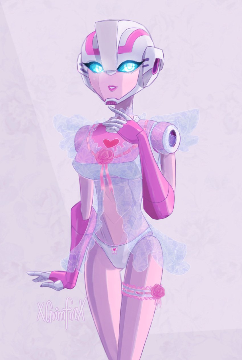 1girls 2d arcee arcee_(tfa) artist_name blue_eyes curvy curvy_body curvy_female curvy_figure curvy_hips female female_only glowing_eyes lingerie looking_at_viewer mechanical panties partially_clothed pink_body pink_lips robot robot_girl solo solo_female transformers transformers_animated white_panties xgemfirex