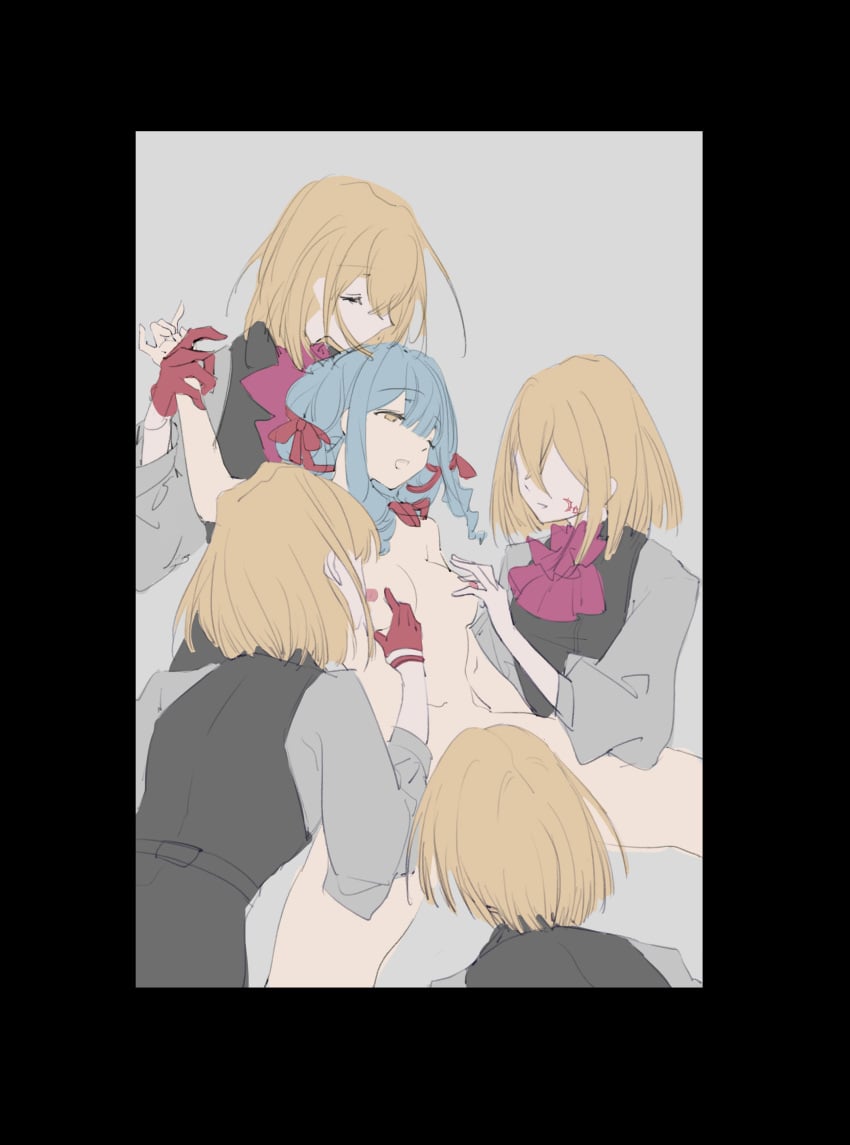 5girls aaaboutle absurdres aver_(yumenokessho) bang_dream! bang_dream!_it's_mygo!!!!! black_border black_vest blonde_hair blue_hair border bow bowtie closed_eyes clothed_female_nude_female commentary completely_nude cunnilingus doloris_(bang_dream!) facial_tattoo female gloves grabbing_another's_breast grey_background grey_shirt groping hairbow harem hashtag-only_commentary highres holding_another's_wrist long_sleeves medium_hair misumi_uika multiple_girls navel nipples nude open_mouth oral purple_bow purple_bowtie red_bow red_gloves shirt simple_background smile sweets_paradise tattoo togawa_sakiko vest yellow_eyes yumenokessho yuri