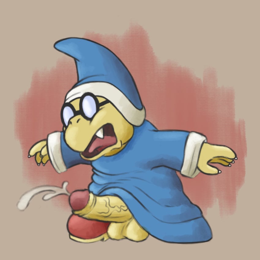 1boy anthro balls blue_clothing blue_hat blue_robe clothing cum cumshot ejaculation erection furry furry_male furry_only genitals glasses greengiant7186 hat humanoid_genitalia humanoid_penis kamek koopa male male_only mario_(series) mature mature_anthro mature_male nintendo oerba_yun_fang open_mouth penis penis_out reptile scalie solo solo_male super_mario_bros. teeth testicles vein veiny_penis wizard wizard_hat