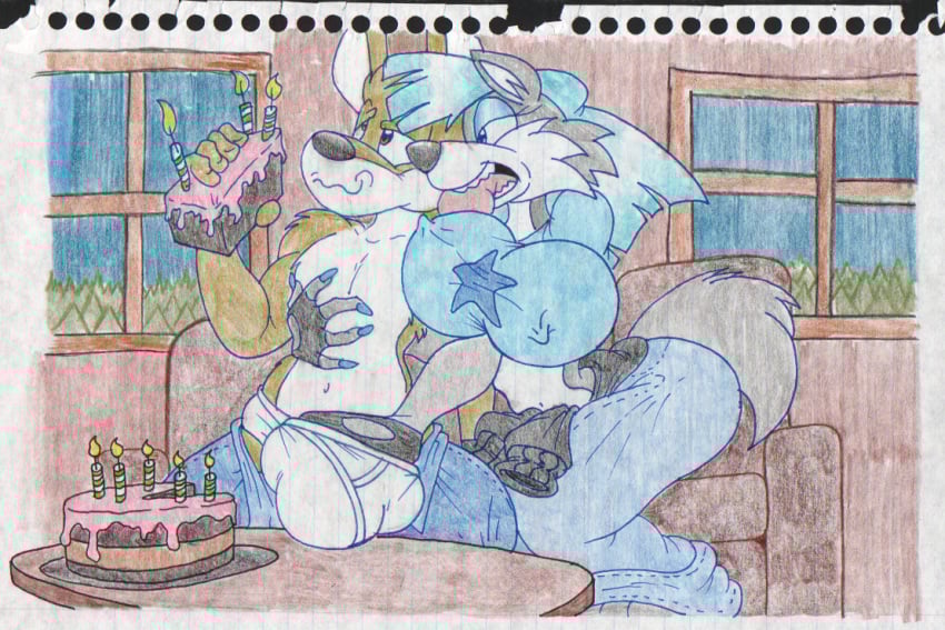 2011 anthro big_breasts blue_clothing blue_hair bottomwear breasts bulge cake canid canine canis clothing denim denim_bottomwear denim_clothing dessert duo female food hair hand_in_pants inside jeans male male/female mammal pants sitting traditional_media_(artwork) underwear virus-20 wendy_wolf_(virus-20) wolf