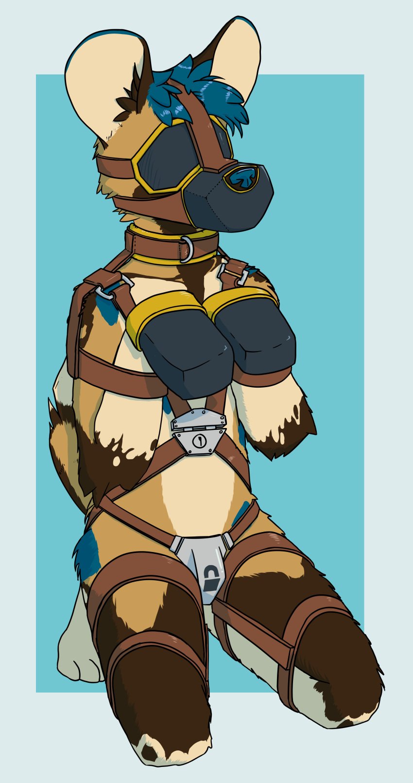 absurd_res african_wild_dog anthro begging begging_pose biped blindfold blue_hair blue_nose blue_spots bondage bondage_gear bondage_gloves bound canid canine chastity_belt chastity_device clothing collar cuff_(restraint) hair handwear harness hi_res kneeling koba_(kobadog) kobadog leather leather_cuffs leather_harness lock lock_symbol male mammal muzzle_(object) muzzled paw_pose pose restrained restraints sensory_deprivation solo spots submissive submissive_male tail