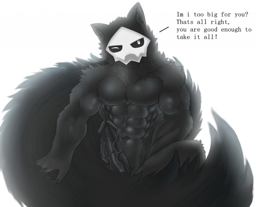 ! ? anthro big_penis biped black_fur black_penis canine changed_(video_game) fluffy fur goo_creature huge_tail male male_only mammal mask monster muscular muscular_male nude one_eye_closed penis puro_(changed) rubber simple_background sitting solo text vein white-snow-wolf white_background wink wolf