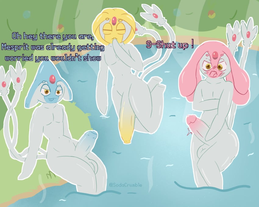 azelf balls bedroom_eyes big_penis circumcised covering covering_self dialogue floating flustered foreskin generation_4_pokemon genitals gradient_penis grey_body group group_nudity hi_res hot_spring humanoid lake_guardians legendary_pokemon legendary_trio looking_at_viewer male mesprit narrowed_eyes nintendo nude partially_submerged penis pokemon pokemon_(species) seductive sodacrumble tail text thick_thighs trio uxie water