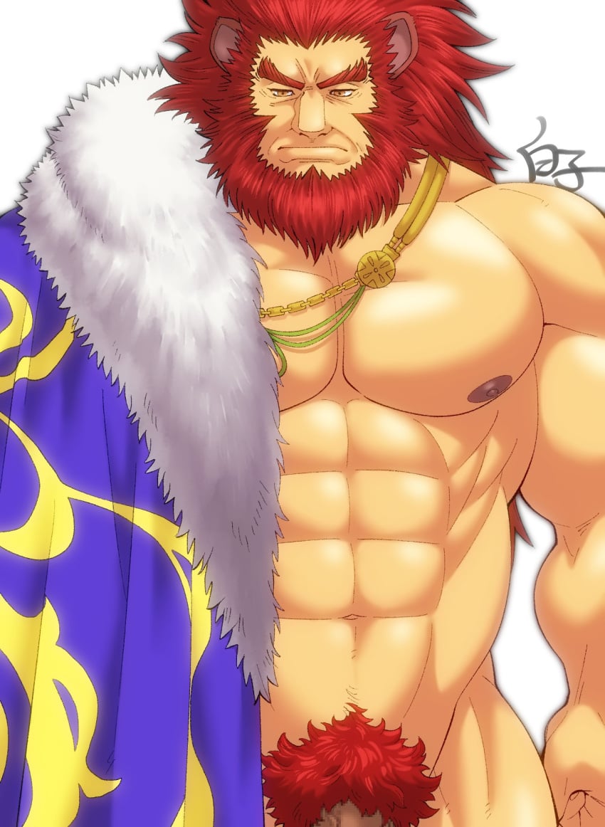 1boy abs animal_ears bara beard brown_eyes caineghis_(fire_emblem) cape commentary_request facial_hair fire_emblem fire_emblem:_path_of_radiance fire_emblem:_radiant_dawn fur-trimmed_cape fur_trim highres huge_muscles large_pectorals lion_ears male_focus male_pubic_hair muscular muscular_male naked_cape navel nipples pectorals penis_out_of_frame pubic_hair red_hair shirako_(kirupi) simple_background solo white_background