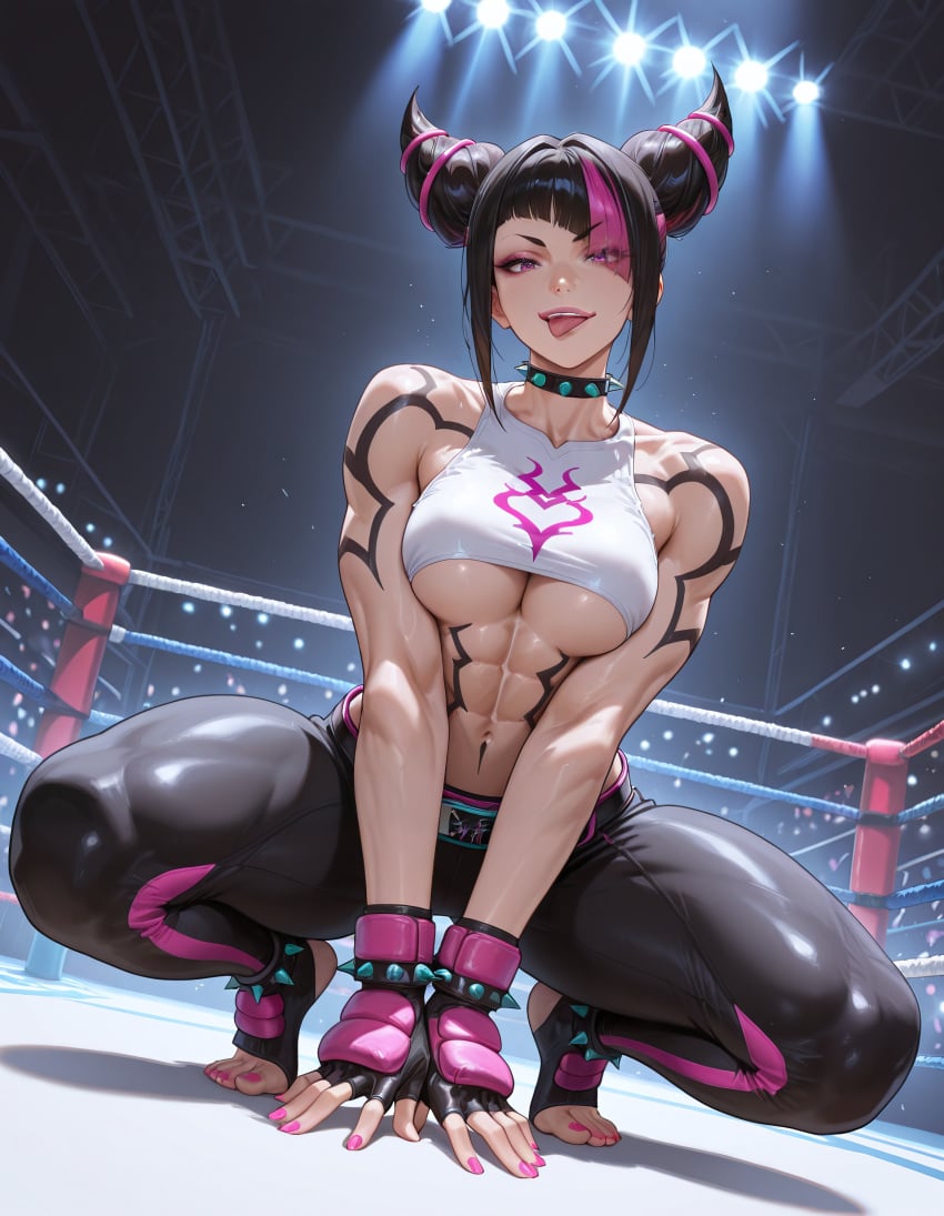 abs ai_generated anklet asymmetrical_bangs bangs belt benj17 black_hair bracelet breasts capcom cleavage clothed collar crowd feet female fighting_ring fingerless_gloves full_body gloves hair_horns head_tilt juri_han large_breasts looking_at_viewer muscular muscular_female muscular_thighs nail_polish navel pink_eyes pink_hair pink_nails seductive_look sidelocks smile spiked_anklet spiked_bracelet spiked_collar spotlights squatting stirrup_legwear streaked_hair street_fighter street_fighter_6 tattoo thick_thighs tight_clothing toes tongue tongue_out two_tone_hair underboob undercleavage