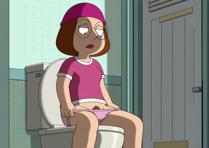 18yo ai_assisted ai_generated bathroom brown_hair brown_pubic_hair family_guy glasses implied_pee lights_off meg_griffin no_panties panties_pull panties_pulled_down peeing peeping pink_beanie pink_hat pink_panties pink_shirt pulling_panties sad sitting sitting_on_toilet spying_pov teenage_girl teenager toilet_use unaware unaware_of_being_watched using_toilet