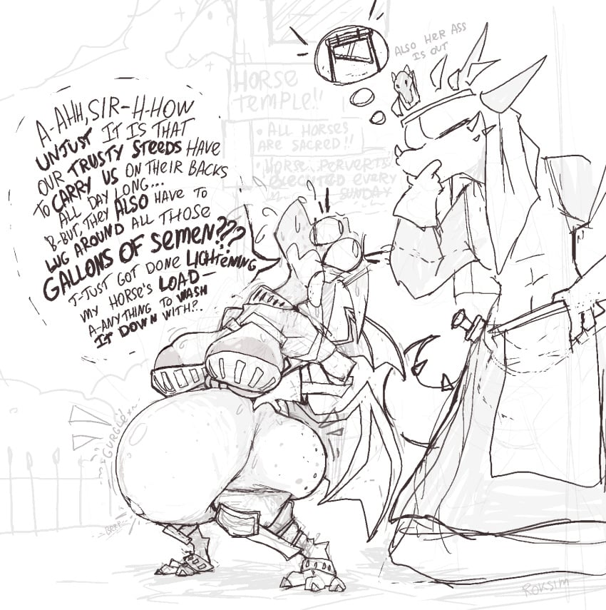 anthro areola areola_slip armor big_breasts bodily_fluids breasts carnelia_(argentum48) clothing cum cum_inside dialogue dragon female feral genital_fluids greaves guillotine hi_res horn inflation inflation knife mythological_creature mythological_scalie mythology roksim scalie solo sweat wardrobe_malfunction weapon wide_hips wings zoophilia