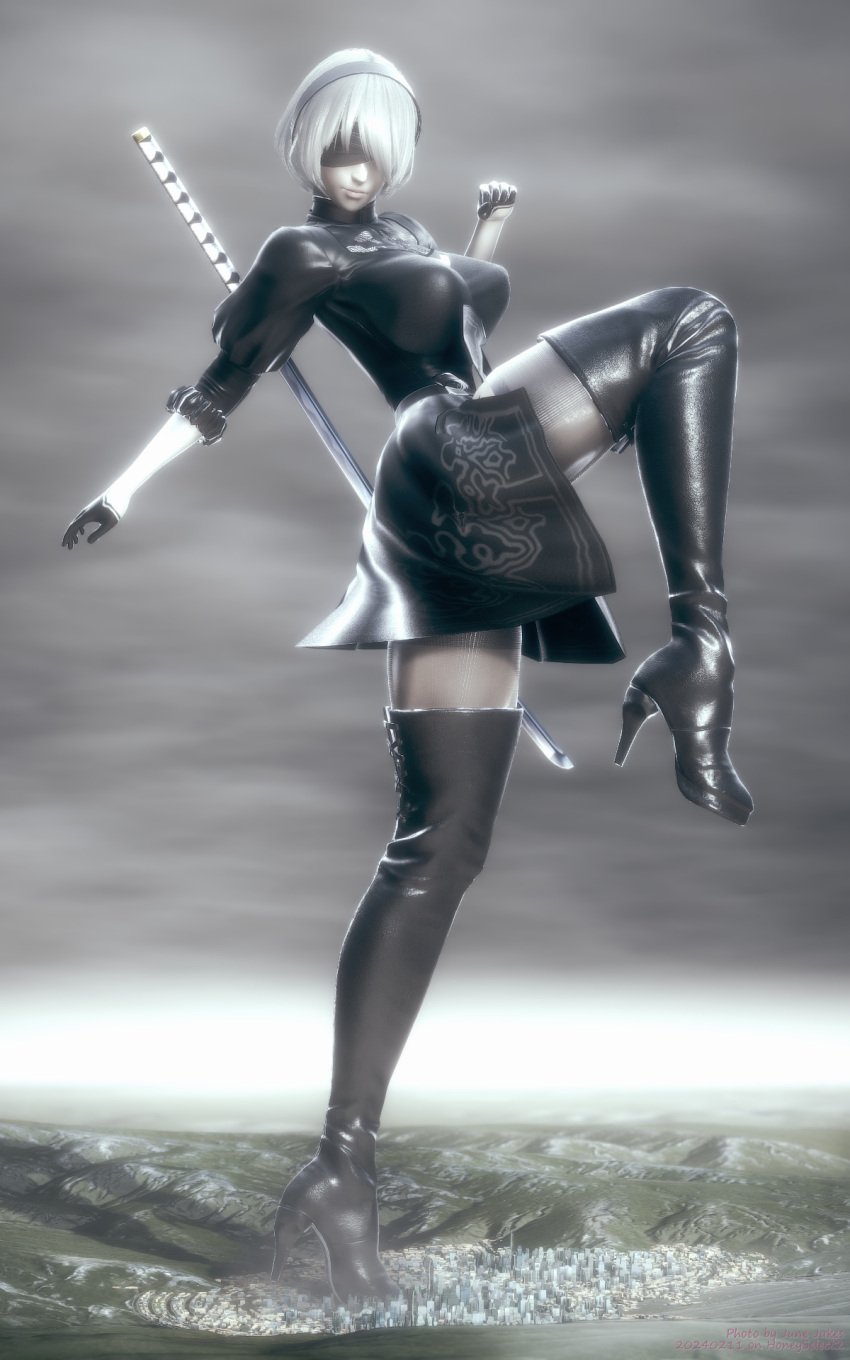 1girls 3d big_breasts blindfold breasts city clothed clothing female female_only giantess hairband honey_select junejukes light-skinned_female light_skin macro nier nier:_automata short_hair solo thighhighs white_hair yorha_2b