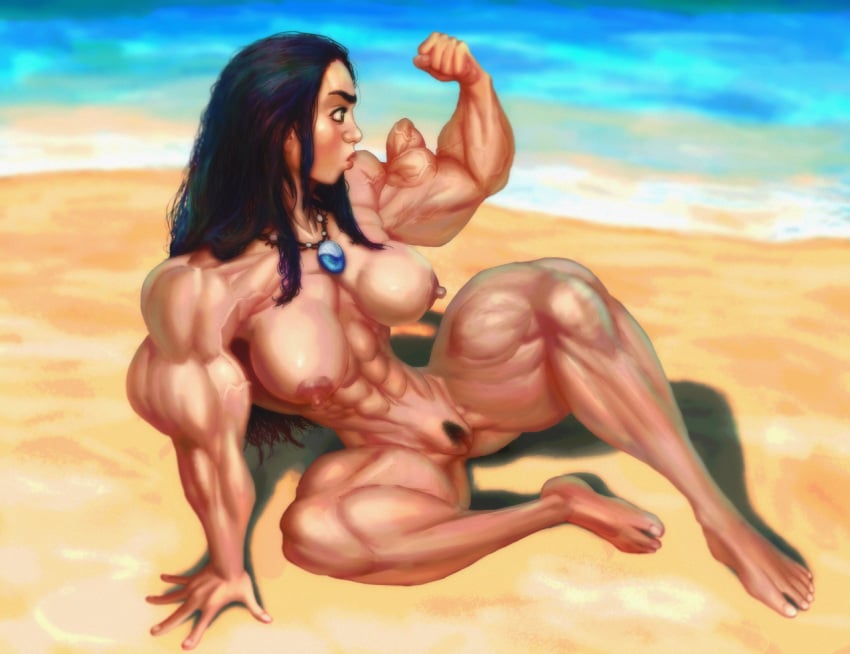 abs beach biceps black_hair breasts disney disney_princess extreme_muscles female flexing hyper_muscles jugie long_hair moana moana_waialiki muscles muscular muscular_female nipples nude pubic_hair pumpfactory pussy solo