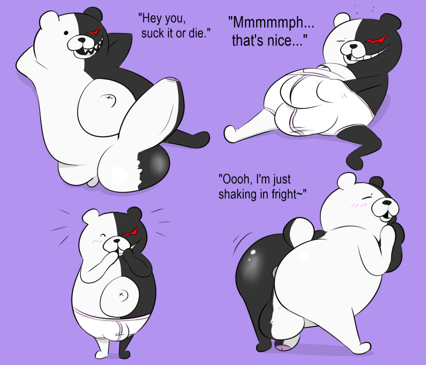 1boy anus ass backsack balls bear big_balls bulge clothing danganronpa da~blueguy dialogue grope hi_res male male_focus male_only mammal monokuma no_humans penis presenting smooth_skin solo teasing tighty_whities underwear