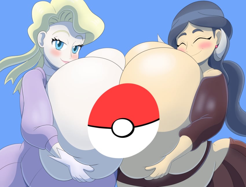 2girls ass belly big_ass big_breasts black_hair blonde_hair blue_background blue_eyes blush breast_grab breast_press breasts breasts_frottage breasts_out breasts_to_breasts censored choker chubby closed_eyes drasna_(pokemon) dress earrings eyelashes female female_only gigantic_breasts glacia_(pokemon) gloves hair_ornament holding huge_ass huge_breasts human human_only hyper hyper_breasts large_ass large_breasts lipstick long_hair looking_at_viewer mechspazer nintendo pink_lipstick poke_ball pokemon pokemon_oras pokemon_rse pokemon_xy smile symmetrical_docking wide_hips