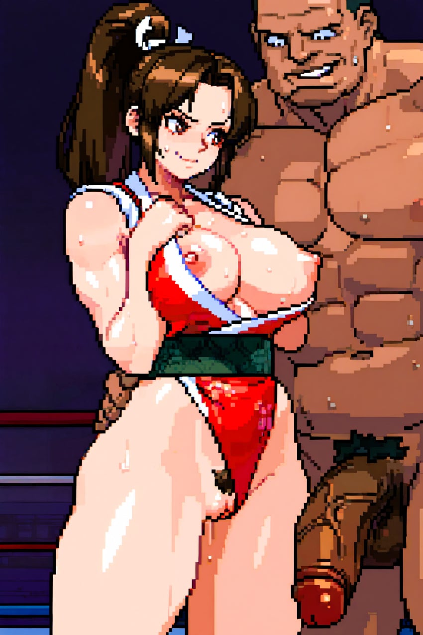 1boy ai_generated balrog boxing boxing_gloves boxing_ring dark-skinned_male dark_skin fatal_fury female king_of_fighters lesson mai_shiranui nsfwbisonmai pixel_art ring street_fighter