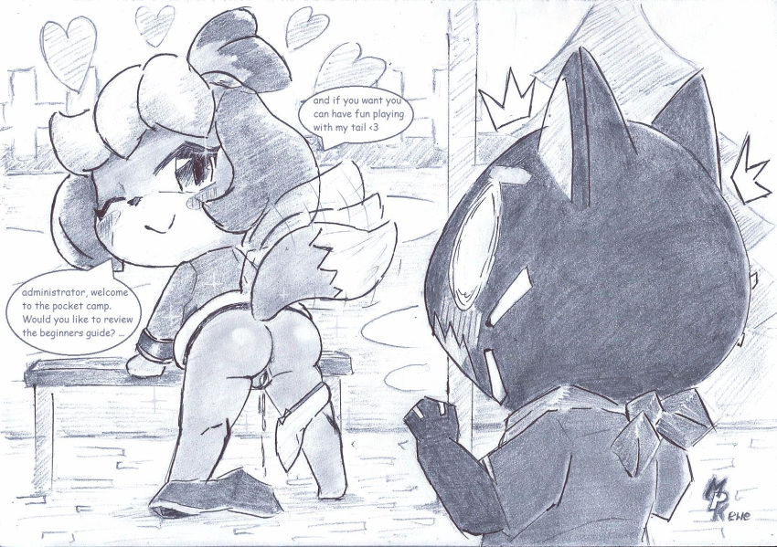 animal_crossing anthro anus ass bottomless clothed clothing english_text female fullfolka greyscale heart isabelle_(animal_crossing) male mammal monochrome nintendo one_eye_closed presenting presenting_hindquarters pussy text video_games wink