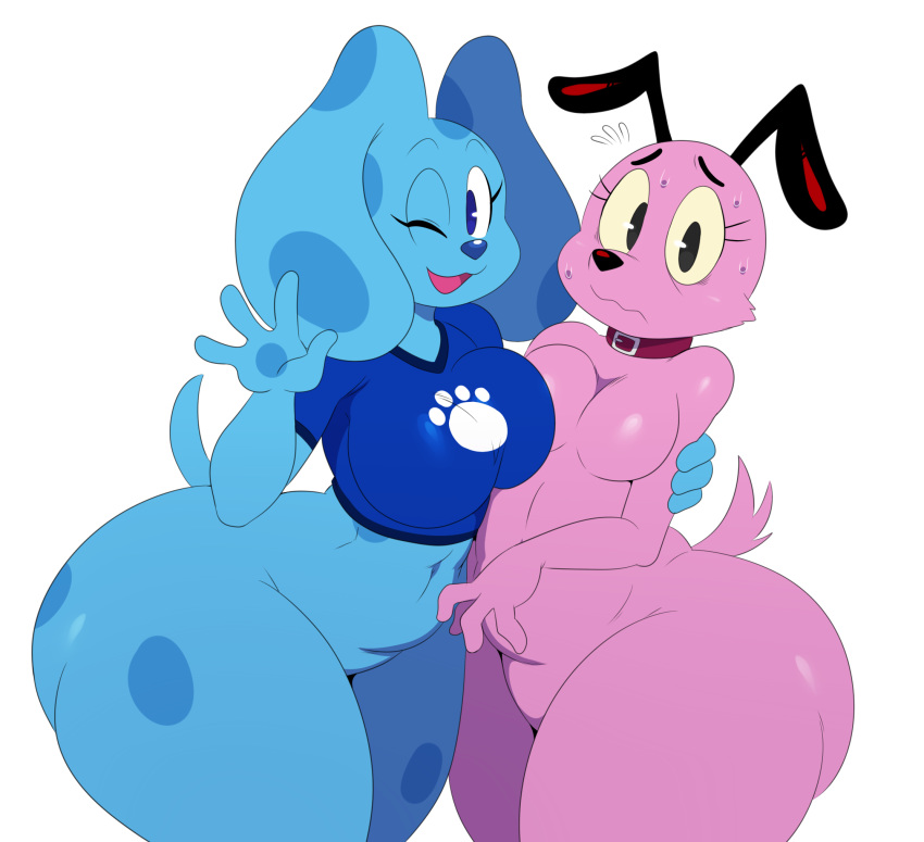 2018 2girls 4_fingers anthro ass beagle belly blue's_clues blue_(blue's_clues) blue_eyes blue_fur blue_nose bottomless breasts breasts_frottage canine cartoon_network clothing collar courage courage_the_cowardly_dog crossover duo eyelashes featureless_breasts featureless_crotch female fur furry furry_only highres hips huge_butt huge_hips huge_thighs large_breasts looking_at_viewer mammal navel nickelodeon one_eye_closed open_mouth rule_63 shirt shortstack simple_background slightly_chubby sssonic2 thick_thighs thighs voluptuous waving white_background wide_hips wink