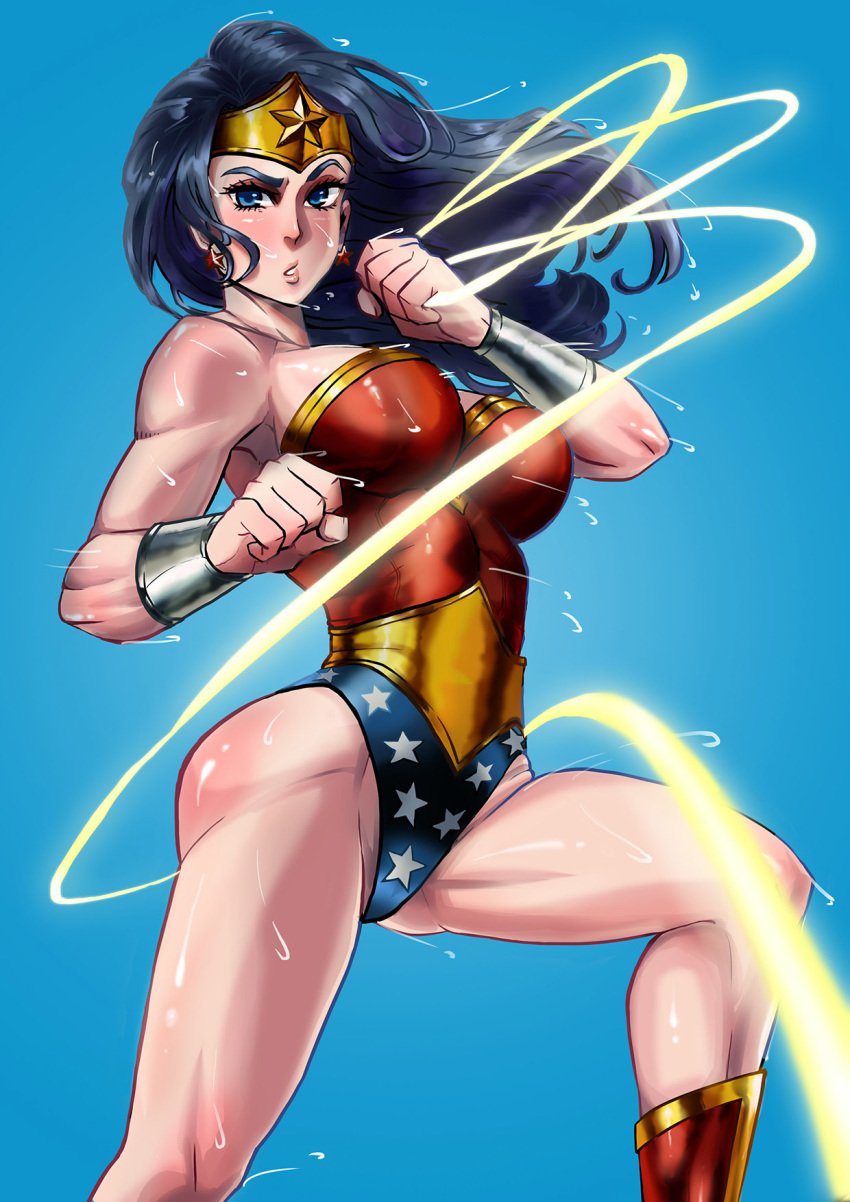 armor big_breasts breasts curvy dc dc_comics female leotard sonparesu sweat whip wonder_woman wonder_woman_(series)