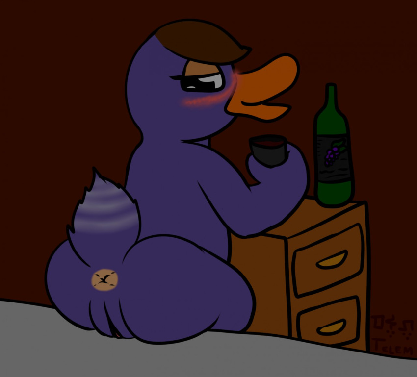 2017 alcohol animal_crossing anthro anus ass avian beak bed bedroom_eyes beige_anus beverage big_butt biped bird black_eyes blush brown_background brown_hair drawer drunk duck eyelashes feathers female furry furry_only hair half-closed_eyes holding_cup holding_object inside looking_at_viewer looking_back mallary_(animal_crossing) nintendo nude on_bed open_beak open_mouth open_smile overweight overweight_female presenting presenting_anus presenting_hindquarters presenting_pussy purple_feathers purple_pussy purple_tail pussy rear_view seductive short_hair short_tail simple_background sitting smile solo striped_tail stripes tail_feathers telem two_tone_tail video_games white_stripes white_tail wine wine_bottle