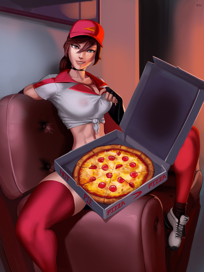 1girls aka6 big_breasts breasts brown_hair cleavage culinary_masters_series female grey_eyes hat league_of_legends looking_at_viewer midriff naughty_face nipples pizza pizza_delivery_sivir pizza_girl ponytail see-through sivir smile spread_legs thighhighs thighs