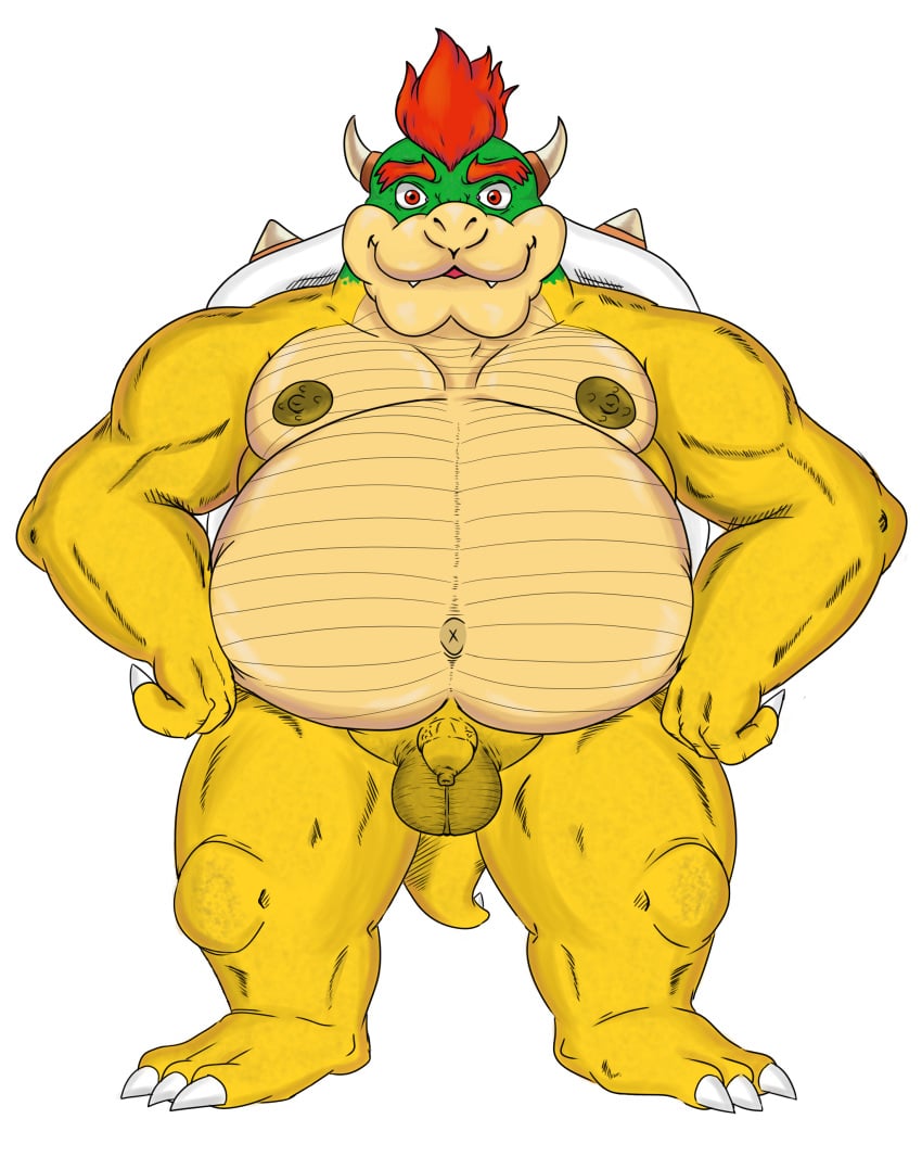 1boy artist_request big_balls big_balls_small_penis bowser darkened_genitals detailed detailed_scales flaccid_penis foreskin full_body gay koopa male male_only mario_(series) musclechub musclegut muscles nipples overweight_male penis red_eyes red_hair reptile scales scalie simple_background small_penis solo standing tail testicles white_background