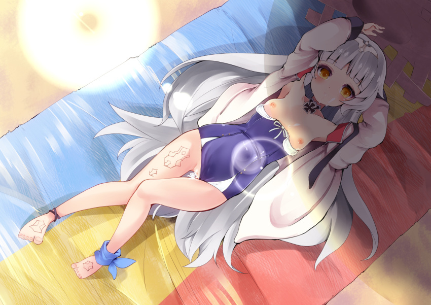 after_sex arms_up azur_lane blush breasts censored commentary_request cum cum_in_pussy grey_hair hat iron_cross jacket lens_flare long_hair looking_at_viewer lying shadow small_breasts straw_hat swimsuit takara_akihito tattoo yellow_eyes z46_(azur_lane)